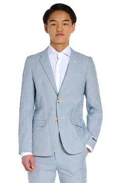 Your child will look sophisticated at warm-weather events in this lightweight single-button suit jacket with trousers in classic seersucker. Jacket has two-button closure; notched lapels; nonfunctional three-button cuffs; chest welt pocket; front flap pockets; side vents Trousers have zip fly with hook-and-bar closure; side-seam pockets pockets; back welt pockets Lined 92% cotton, 6% polyester, 2% spandex Machine wash, tumble dry Imported Business Casual Suit With Button Closure For Spring, Tailored Summer Blazer With Button Closure, Spring Business Suits Single Breasted, Spring Business Suits, Single Breasted, Spring Single Breasted Business Suits, Spring Single-breasted Business Suits, Spring Striped Suits With Welt Pockets, Spring Striped Business Suits, Spring Striped Suits