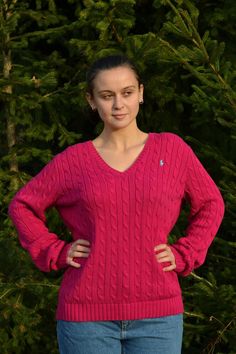 Women's V-neck Fuchsia Sweater Ralph Lauren Size XL | Etsy Pink Long Sleeve V-neck Sweater, Winter Cotton V-neck Polo Sweater, Fall V-neck Polo Sweater, Pink V-neck Sweater For Winter, Classic Pink V-neck Top, Casual V-neck Polo Sweater For Winter, Winter Cotton Polo Sweater, Casual Pink Knit V-neck Sweater, Classic Pink Cable Knit Sweater