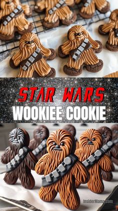 star wars cookie cookies are on display with the words, star wars wookie cookie