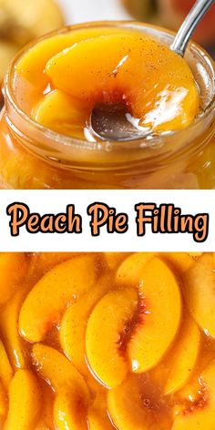 peach pie filling in a glass jar with spoon