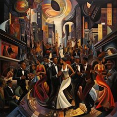 a painting of people dancing in an alleyway with buildings and street lights behind them