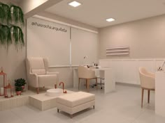 the interior of a nail salon with chairs, tables and stools in white tiled flooring