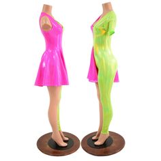 "Defy gender roles and norms with this split bodysuitt! The wearer's left side is made with Neon Lime holographic spandex. It features one long leg and a tee length sleeve. The wearer's right side is made with Neon Pink Sparkly Jewel spandex fabric. This side is sleeveless, and features a cheeky \"siren\" cut leg, with a skirt overlay. This suit has a scoop neckline. This suit is four way stretch, unlined. Want this with different elements or a different fabric? Contact us! This item is made to Pink Summer Unitard, Sleeveless Spring Unitard, Spring Party Unitard Fitted, Spring Party Fitted Unitard, Spring Party Unitard, Fitted Sleeveless Unitard For Spring, Spring Fitted Unitard, Fitted Sleeveless Spring Unitard, Spring Sleeveless Unitard