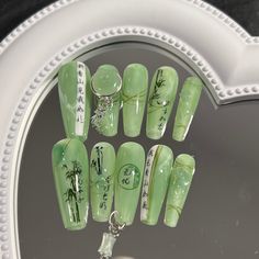 Press On Sizing Chart, Lunar New Year Nails Dragon, Year Of The Dragon Nails, Korean Inspired Nails, Jade Nails Designs, Jade Green Nails Acrylic