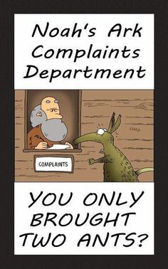 two cartoon pictures with the caption noah's ark complaints department you only brought two ants