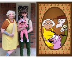 two women and a baby are standing in front of a brick wall with cartoon characters on it