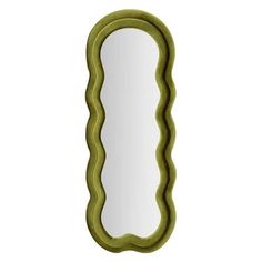 an oval shaped mirror is shown against a white background and has green trim on the edge