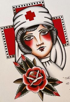 a woman with a red cross on her head and a rose in her hand is shown