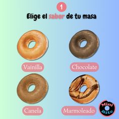 four different types of doughnuts on a blue and green background with the words elegie et sabor de tu masa