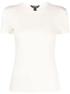 off-white stretch-cotton knitted construction round neck short sleeves drop shoulder straight hem Fitted Cream T-shirt With Crew Neck, Classic White T-shirt With Ribbed Neckline, Fitted Cream Crew Neck T-shirt, Versace Outfit, Yoko London, Knitted Tshirt, Jersey Shirt, Coat Dress, Lauren Ralph Lauren