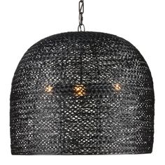 a black woven light fixture hanging from a metal chain with two lights on each side