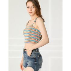 This feminine beach cropped top is styled with charming multicolor stripes and tie shoulder straps. A stretchy slim top that also makes a cute underlayer for streetwear boasts a riveting rainbow of stripes. A chic fashion and now an essential for today, this cami top is made from a soft, stretchy knit jersey with spaghetti straps for a comfortable fit. Casual Summer Tank Top With Straps, Casual Crop Top Tank With Adjustable Straps, Casual Halter Top With Tank Straps For Summer, Casual Summer Crop Top With Straps, Summer Crop Top With Tank Straps For Vacation, Casual Halter Top With Straps, Striped Fitted Crop Top Tank, Trendy Striped Sleeveless Crop Top, Fitted Striped Crop Top Tank