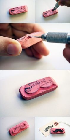 two pictures of someone cutting out some pink paper with scissors and glue on them, one is holding a pen