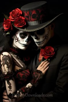 a man and woman dressed up in skeleton makeup with roses on their foreheads are hugging