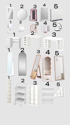 an assortment of white furniture with numbers on the top and bottom, including mirrors, shelves, cabinets, drawers, lamps, and other items