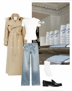 • white fitted basic tshirt
• light wash straight leg denim jeans
• beige long trench coat
• black loafers Old Money Elegant, Saturday Fashion, Spring Summer Capsule Wardrobe, Trench Coat Outfit, Jeans Beige, Beige Outfit, Tshirt Outfit, Outfit Layout