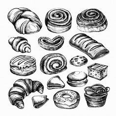 hand drawn illustration of different types of pastries