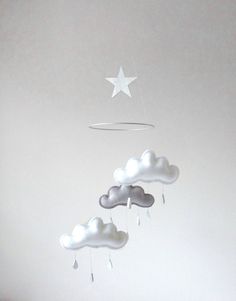 there are clouds and stars hanging from the ceiling