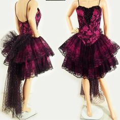 This vintage beauty features a shiny jacquard fuchsia/pinkish and black floral bodice with tulle and lace overlay for the two-tiered skirt. The bodice has black beadwork and inner boning for structure.
Spaghetti Straps and it Zips up the back. Big dramatic bow with train on the rear. 

Please note that there is NO inside tag but, after doing some research this is a Loralie Original, made in USA dress. My daughter purchased this dress from an upscale Vintage dress boutique in San Diego, Ca. 

Please refer to measurements for sizing. This dress fit my daughter perfectly if you’d like her measurements I can send them to you. She wears a size 6/Small in most clothing. 

Approximate measurements laying flat. 
Bust: 16” inches 
Waist: 13” Inches 
Hips: 17” inches 
Length: about 39 at longest poi Prom Dress 80s, 90s Prom Dresses, 90s Prom, Usa Dress, 80s Prom Dress, 80s Prom, Beauty Features, Prom Dresses Vintage, Usa Dresses