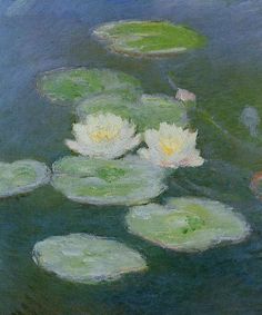 a painting of water lilies floating on top of green leaves