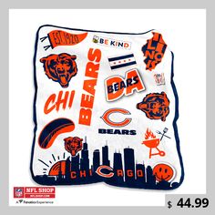 the chicago bears logo is shown on this pillow cover, and it has many other stickers