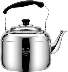 a stainless steel tea kettle with a black handle