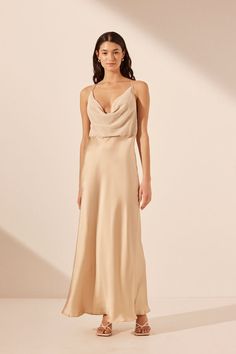 Cowl maxi dress in a contrast cotton mesh and luxurious silk satin. Cowl Neck Maxi Dress, Neutral Dresses, Silk Maxi Skirt, Shona Joy, Maxi Dress Online, Fashion 101, Midi Maxi Dress, Womens Designer Fashion, Wedding Bridesmaid Dresses