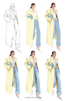 four different views of a woman in jeans and trench coat