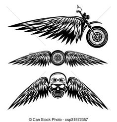 three different types of tattoos with skulls and wings