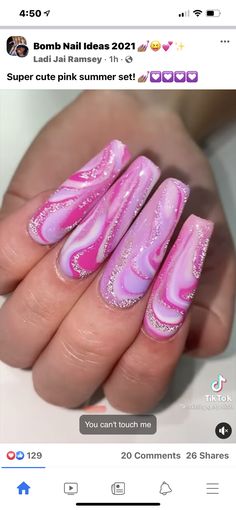 Malibu Barbie Nails, Hot Pink Marble Nails, Glitter Marble Nails, Colorblock Nails, Pink Marble Nails, Marble Acrylic Nails, National Pink Day, Ombre Nails Glitter, Lilac White