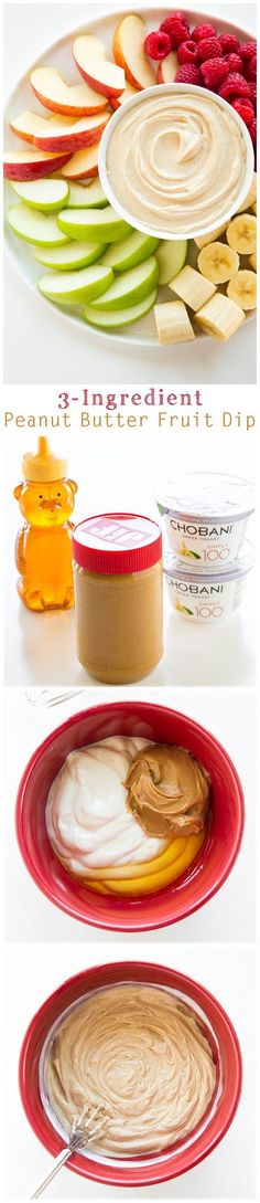 the ingredients for peanut butter dip are shown in three different bowls and on separate plates