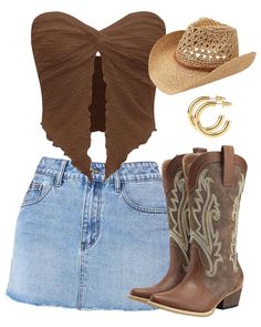 Outfit Inspo For Zach Bryan Concert, Cowgirl Boots Outfit Inspiration, Tube Top Country Outfit, Cowgirl Outfits Brown Boots, Country Country Outfits, Cowgirl Boots Outfit Brown, Outfit With Brown Cowgirl Boots, Country Bartender Outfit