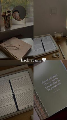 two photographs of an open book on a desk with the words back at umi