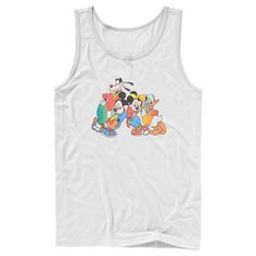 Who knew that dressing "mousey" could be so cute!? Celebrate Walt Disney's most iconic character with fun new officially licensed Mickey and Friends apparel for the whole family! This Men's Mickey and Friends Colorful Group Shot Distressed Graphic Tank Top features Mickey, Minnie, Goofy, and Donald Duck looking cool in colorful retro outfits across the front. Whether you're a super fan, or just looking for a unique 'fit for a trip to the Disney parks, these all-new styles are exactly what you've Casual Cotton Tank Top With Character Print, Colorful Retro Outfits, Distressed Tank Top, Group Shots, Unique Fits, Tank Design, Mickey Mouse And Friends, Mickey Minnie, Mickey And Friends