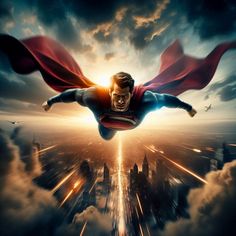 the man is flying through the air with his superman cape over his head and buildings in the background