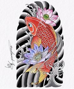 a drawing of a koi fish with flowers on it