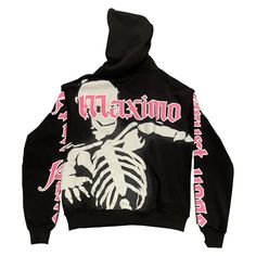 Maximo Maximo Skeleton Hoodie Black French Terry Heavyweight Oversize Skull Print Hoodie For Streetwear, Pink Punk Outerwear For Streetwear, Black Hooded Hoodie With Skull Print, Black Edgy Outerwear With Skull Print, Long Sleeve Hoodie With Skull Print For Streetwear, Black Long Sleeve Sweatshirt With Skull Print, Black Hoodie With Skull Print For Winter, Black Long Sleeve Hoodie With Skull Print, Black Skull Hoodie For Fall