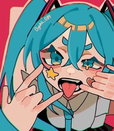 an anime character with blue hair and stars on her face is making a funny face