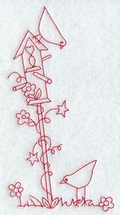 the embroidery pattern shows a bird sitting on top of a pole with flowers and birds around it