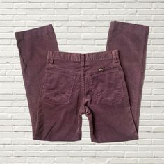 "Vintage 70's Wrangler Purple Corduroy Pants  dark plum / mauve purple mid rise straight leg pant  flaw: discoloration across front leg as pictured  approx size xs, pls check measurements carefully!! small hips Flat Lay Measurements: Waist: 13\" Rise: 9.5\" in front, 10.5\" in back  hips: 16.5\" Top of thigh: 9.5\" Inseam: 29\"" Mid-rise Purple Cotton Pants, Vintage Straight Bottoms For Fall, Vintage Purple Cotton Bottoms, Purple Vintage Cotton Bottoms, Vintage 70s Clothes, Mauve Pants, Purple Corduroy Pants, Cord Hose, Small Hips