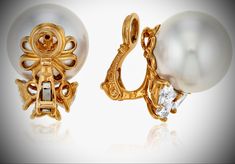 Alexandre REZA. {Close up} CULTURED PEARL AND DIAMOND EARRINGS (2/2). Cultured pearls of ~ 14,20 to 14,10 mm, 6 heart-shaped diamonds, 18K yellow gold (French marks), signed A.Reza, maker's mark. Size/Dimensions: 2,1 cm. (2 Pairs) SOLD USD 4,410 // Estimate USD 3,000 - USD 5,000 [C. NY 7 APR. 2022] #CulturedPearl #AlexandreREZA #Diamond Heart Shaped Diamond, Maker's Mark, Cultured Pearls, Rarity, Makers Mark, Diamond Earrings, Close Up, Pearl Earrings