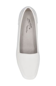 The simplistic design makes this squared toe flat easy to style with any outfit. Comfort cushioned insole Synthetic upper, TPR sole Imported Elegant Everyday Flats With Square Toe, Elegant Square Toe Flats For Everyday, Classic Slip-on Flats With Square Toe, Classic Square Toe Flats For Everyday, White Square Toe Court Shoes With Medium Width, White Square Toe Court Shoes Medium Width, Classic White Pointed Toe Ballet Flats, Classic Closed Toe Synthetic Ballet Flats, Classic Slip-on Synthetic Court Shoes