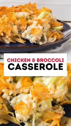 chicken and broccoli casserole on a blue plate