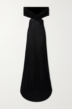 SAINT LAURENT's maxi dress proves that minimal designs can still make an impact. It's cut from fluid chiffon and has an off-the-shoulder neckline that turns to reveal an open back and a floor-sweeping hem. Ysl Dress, Saint Laurent Dress, Off Shoulder Long Dress, Black Chiffon Dress, Haute Couture Gowns, Runway Outfits, Drape Maxi Dress, Maxi Jersey Dress, Chiffon Maxi