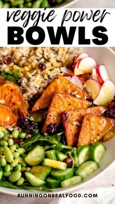 a white bowl filled with vegetables and chicken next to rice on top of a table