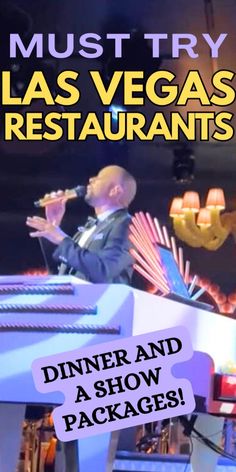 an advertisement for the las vegas restaurant with a man singing into a microphone on stage