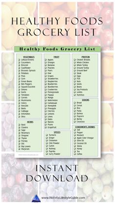 the healthy food list for grocery lists is shown in this image with text overlay