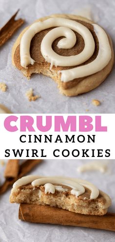 cinnamon swirl cookies with white frosting on top and cinnamon sticks in the middle, next to each other