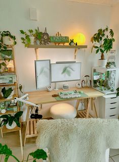 a desk with two computers and plants on it in a room filled with white furniture