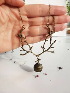 Bronze Branch Necklace With Acorn Forest Nature Jewelry - Etsy Nature-inspired Brass Necklace For Gift, Bronze Nature-inspired Pendant Necklace, Acorn Necklace, Branch Necklace, Magic Forest, Bib Necklaces, Deer Antlers, Nature Jewelry, Antlers